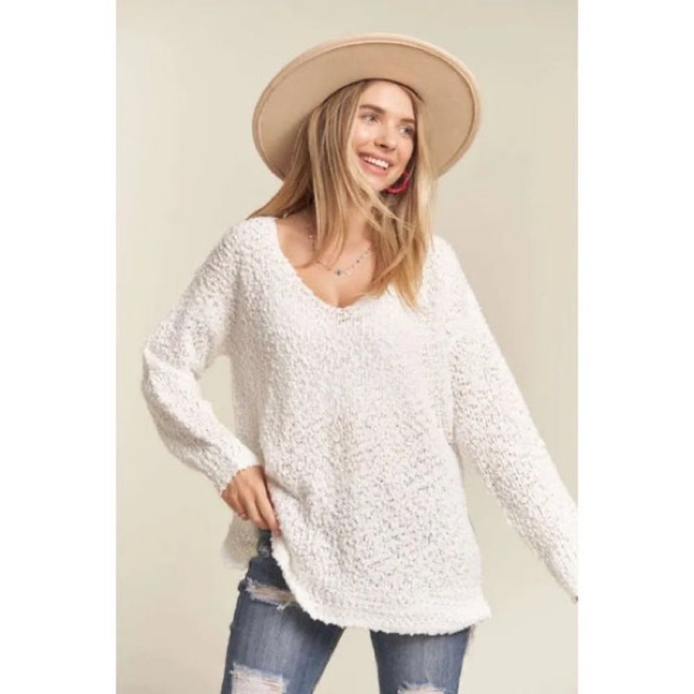 Umgee Soft Cream V-Neck Sweater